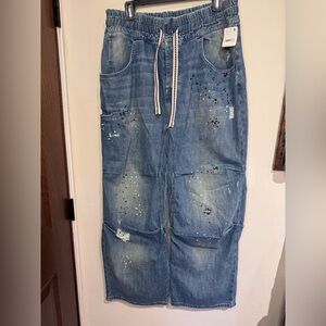 NWT Free People Drawstring Denims with Paint Splatter- L